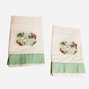 Vtg 1950's Duck Pond Hand-Embroidered Linen Tea Hand Guest Towels - Set of 2